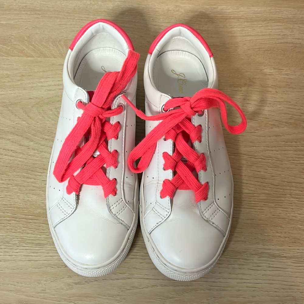 J. Crew Saturday white leather sneaker with hot pink trim and laces Size 6